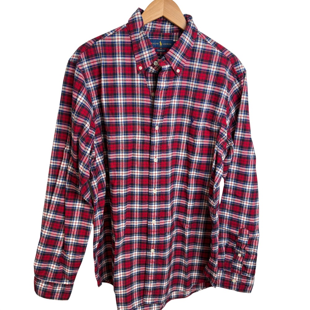 Ralph Lauren Mens Plaid Shirt‎ Classic XL Red Blue Cotton Old Money Ivy League